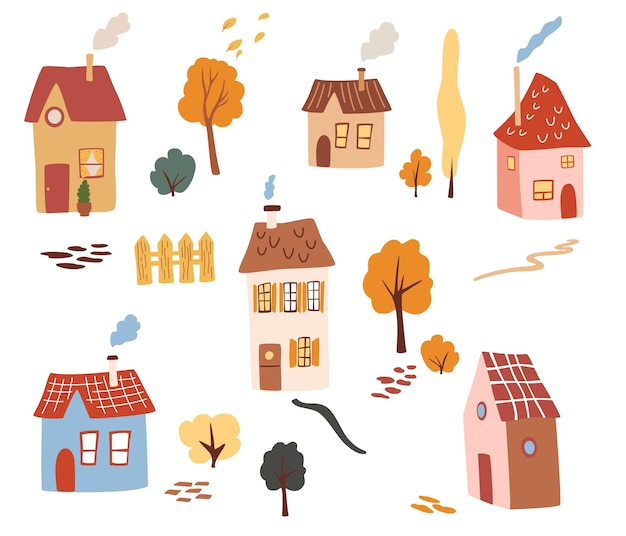 Different houses clipart set Country houses trees lawns paths and bushes Concept for textile patter nursery design map design Vector cartoon illustration isolated elements