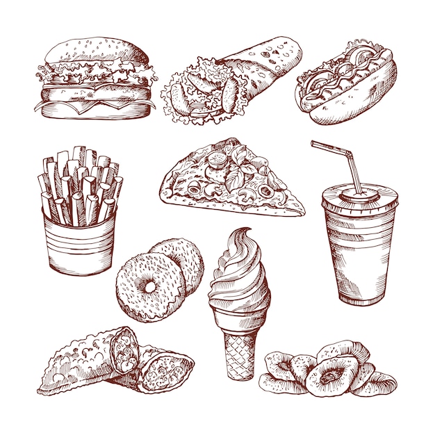 Different ice creams illustrations. Vector seamless pattern. Chocolate and waffle ice-cream pattern background