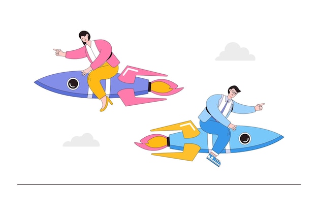 Different individual way corporate or team goals conflict decision disagreement contrast in work project concepts Businessman and businesswoman sit on rocket and flying with opposite direction