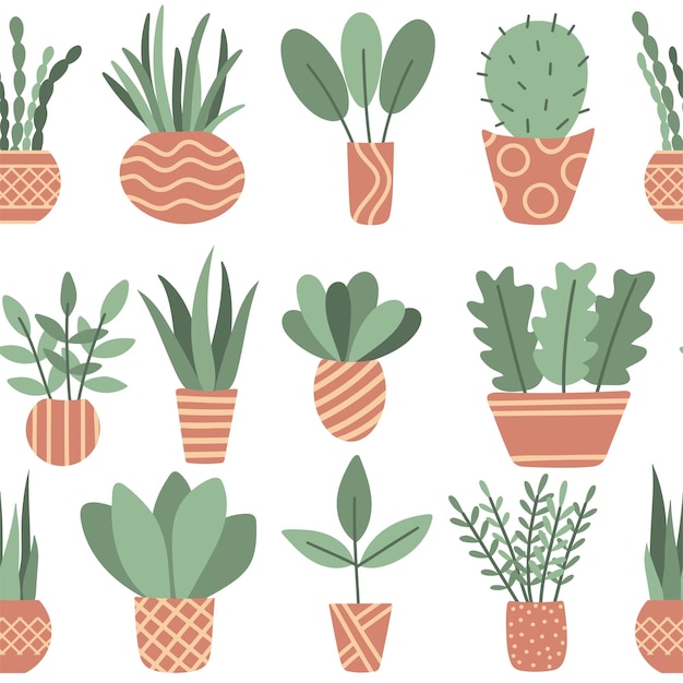 Different indoor plants in pots seamless pattern