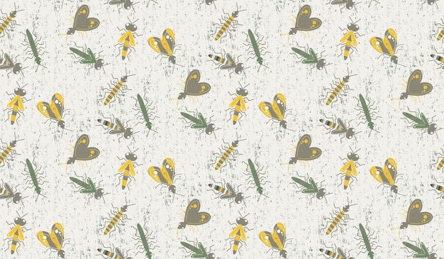 Different insects on a light textured background Seamless pattern with cartoon moths and bugs