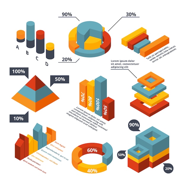 Different isometric elements for business infographic. Graphic diagrams, 3d charts