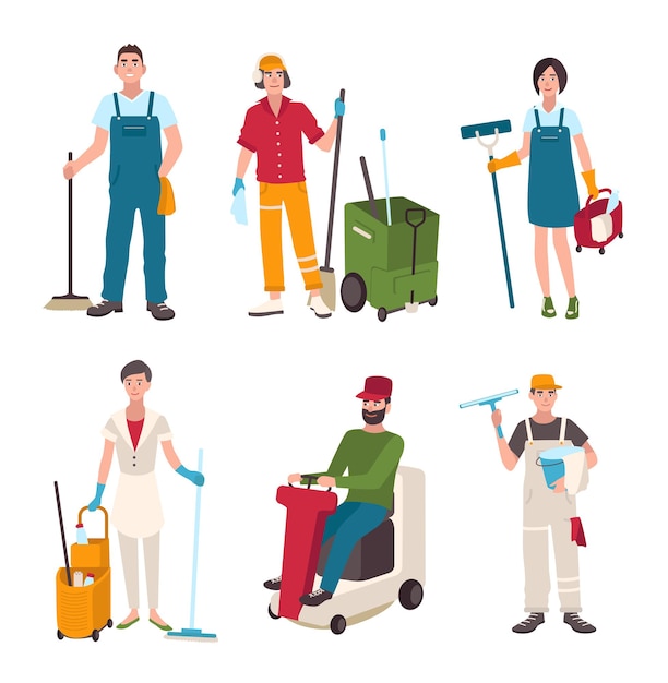 Different janitor set. People with cleaning equipment window washer, cleaner, sweeper the floor. Man on the washing machine, woman with a broom. Vector illustration in flat style.