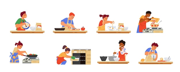 Vector different kids cooking on the tables and using stove