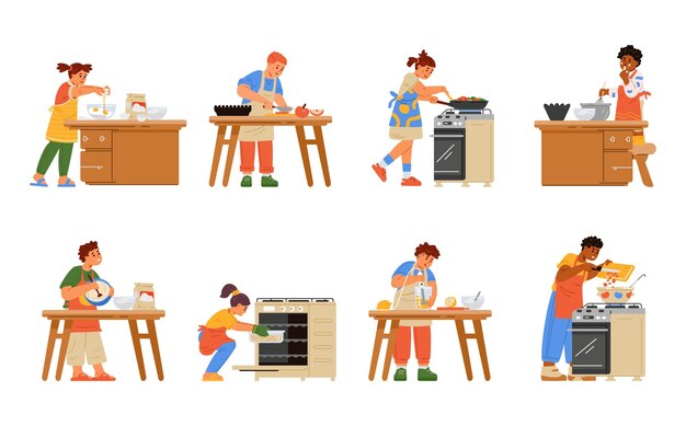 Vector different kids cooking