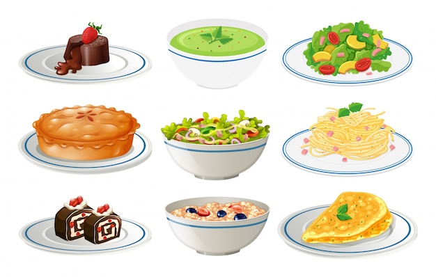 Different kinds of food on white plates illustration