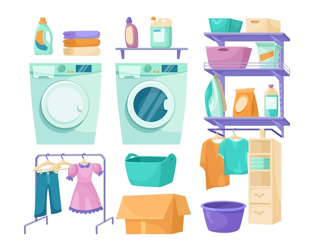 Different laundry room elements vector illustrations set