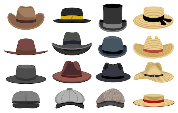 Different male hats Fashion and vintage man hat collection image derby and bowler cowboy and peaked