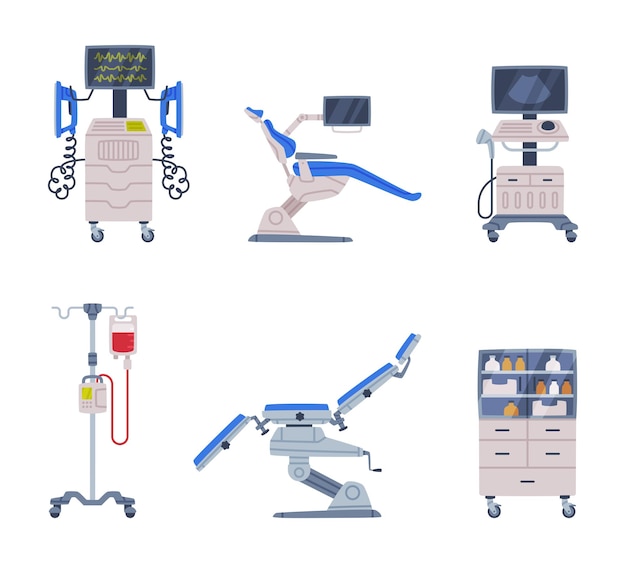 Different Medical Equipment and Diagnostic Device Vector Set Hospital and Clinic Supply for Health Examination and Checkup Concept