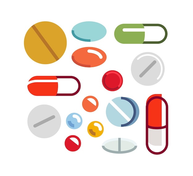 Different medical pills vector simple flat illustrations of icons set isolated on white, meds drugstore concept, apothecary prescription medicaments.