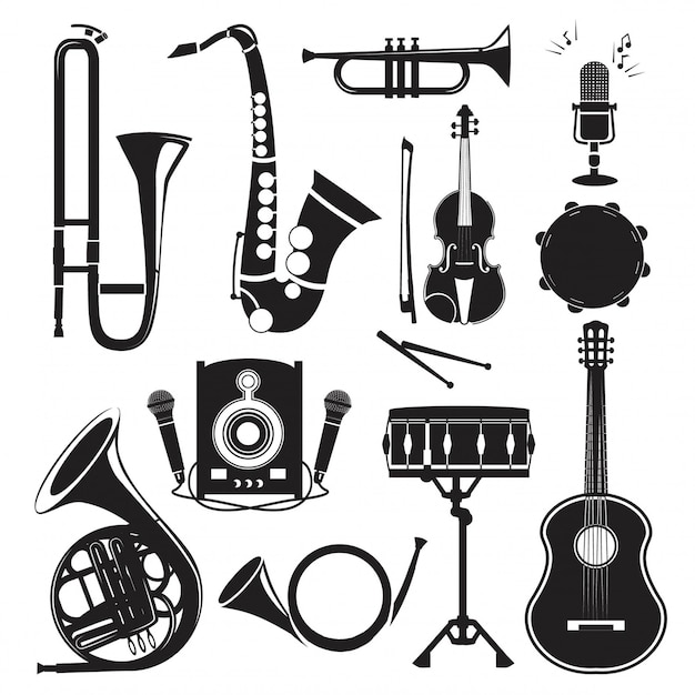 Different monochrome pictures of musical instruments isolated on white