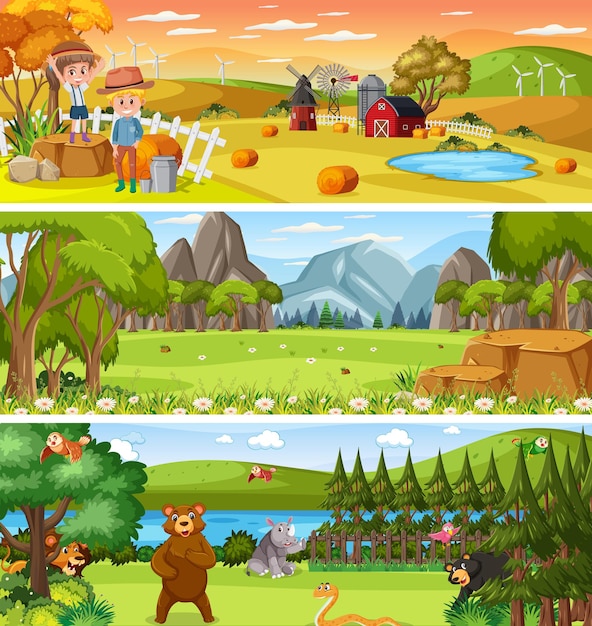 Different nature landscape at daytime scene with cartoon character