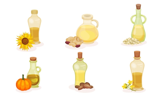 Vector different organic oils poured in glass jars with bottle cap vector set cooking and cosmetic oily liquid in glassware