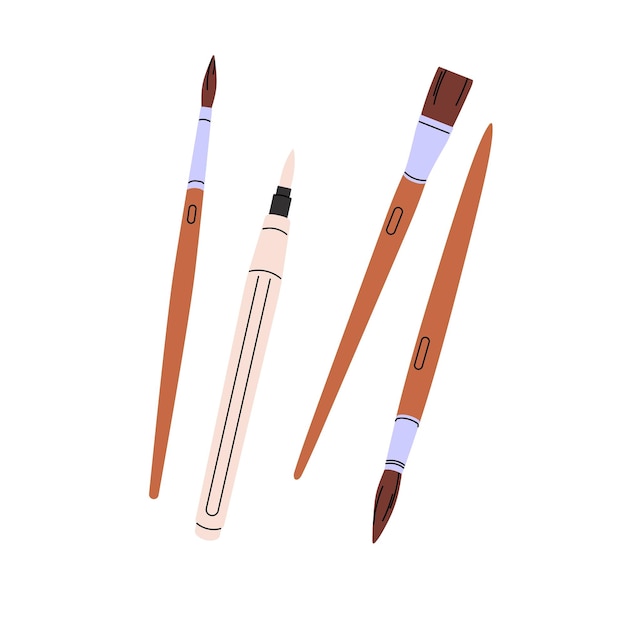 Different paintbrushes to paint Wooden brushes for acrylic gouache and plastic watercolour pencil Drawing painting tool Art supplies stationery Flat isolated vector illustration on white