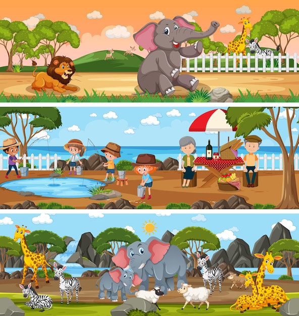 Different panoramic nature landscape set with cartoon character