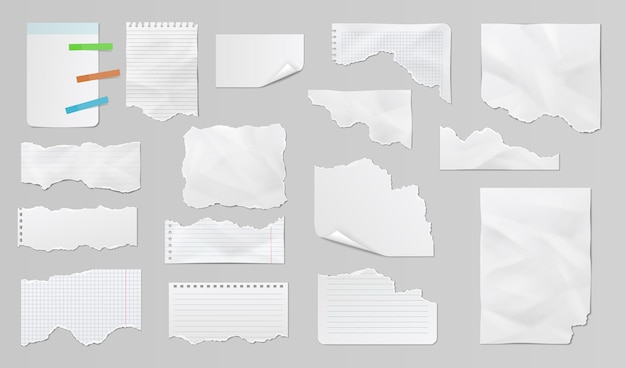 Different paper sheets, torn strips, memos and notes. Realistic paper scraps with torn edges