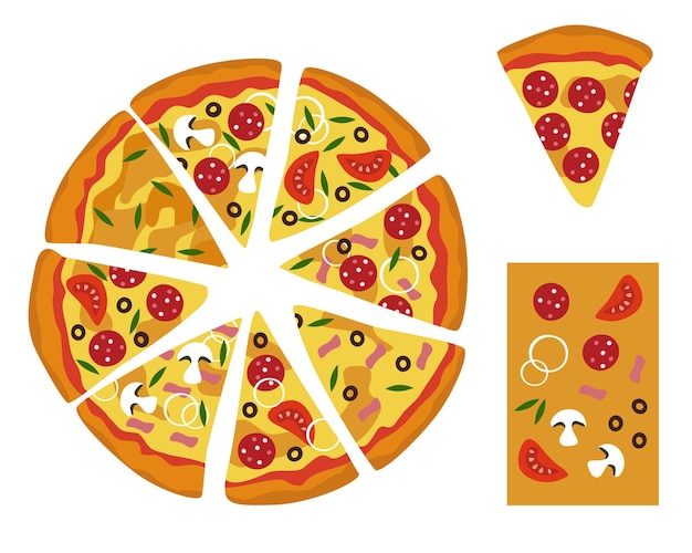 Different pieces of pizza. Pizza constructor. Vector illustration