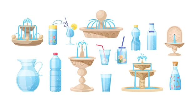 Different plastic glass water packaging and fountains set