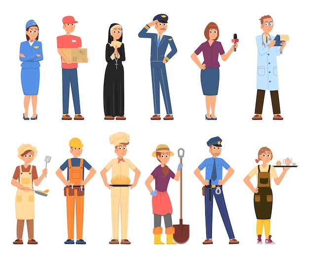 Different professionals Various occupations in uniform Isolated cartoon professional workers Business people scientist policeman decent vector characters