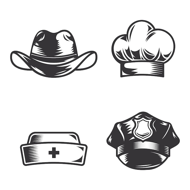 Different Professions Job Hats Set Line art logos or icons vector illustration