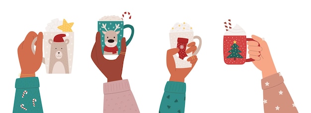 Different race skin color hands in cute sweater hold cups with sweet coffee or hot chocolate