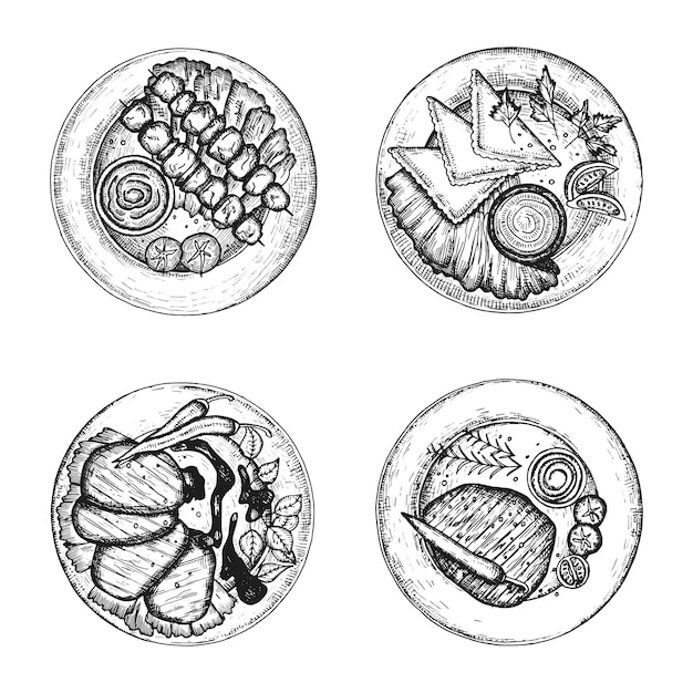 Different readymade meat dishes on plates set of vector sketches