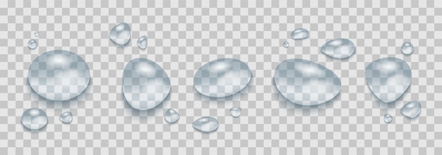 Different realistic transparent water drops isolated on transparent background Vector design eleme