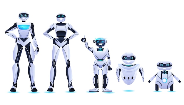 different robots standing together modern robotic characters team