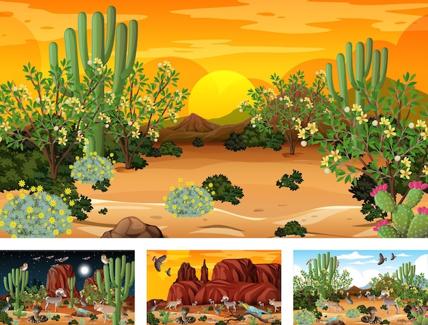 Different scenes with desert forest landscape with animals and plants