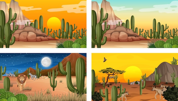 Different scenes with desert forest landscape with animals and plants