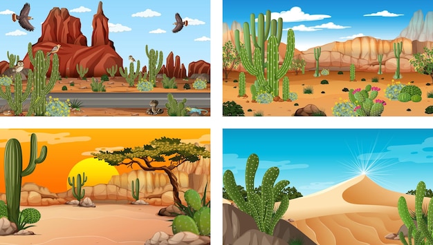 Different scenes with desert forest landscape with animals and plants