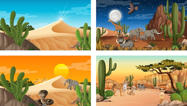 Different scenes with desert forest landscape with animals and plants