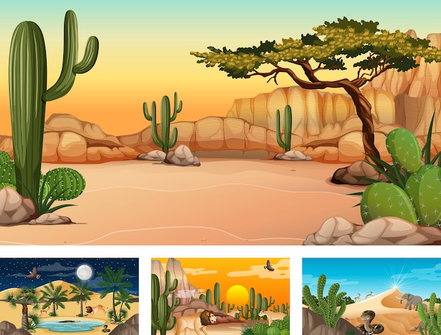 Different scenes with desert forest landscape with animals and plants