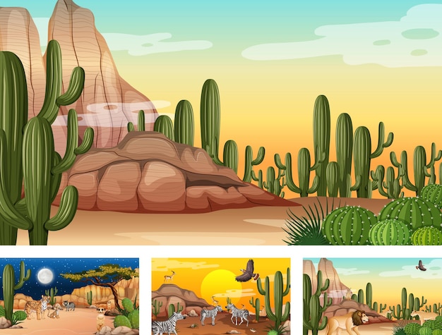 Different scenes with desert forest landscape with animals and plants