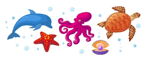 Different sea animals fish of seafood collection dolphin, pearl clam, starfish, sea turtle, octopus