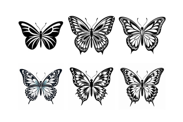 Different set of decorative butterflies logo type and linocut vector illustration