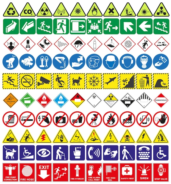 Different signs are collected in one set Signs in industry Signs of help and protection