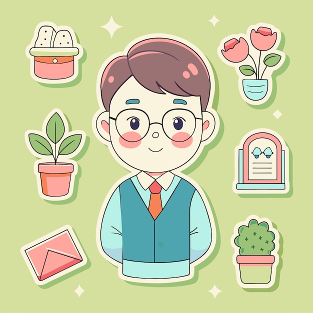 different simple stickers with cute little man