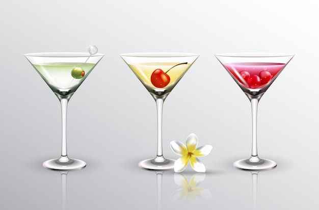 different Summer cocktails with cherry fruit and olive isolated