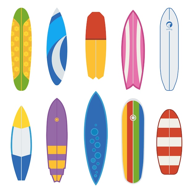 Different surfboard collection. Flat design vector various surf desk set. Surfing desks and boards. Various colors and styles. Surfdesks isolated on white background. Shortboard, longboard and more