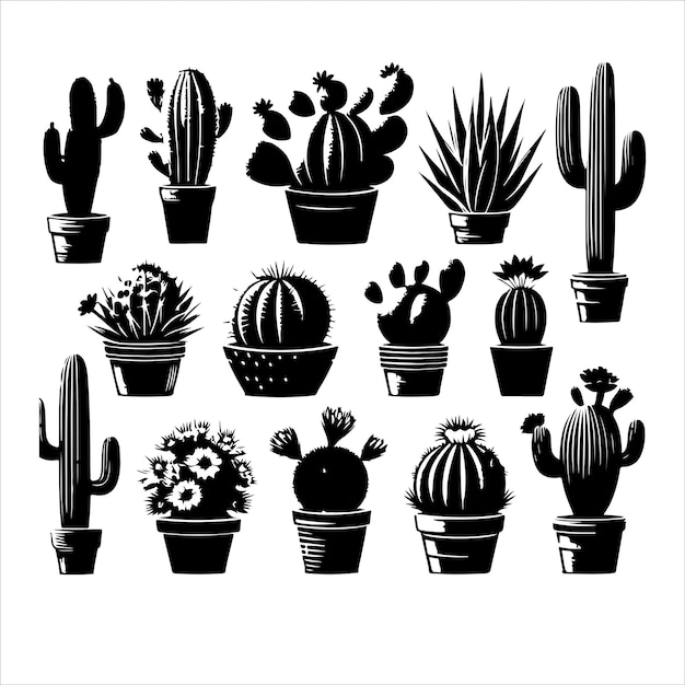 Different type of cactus set silhouette vector