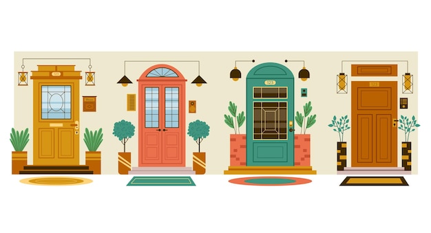 Different type of house front doors flat cartoon graphic design illustration