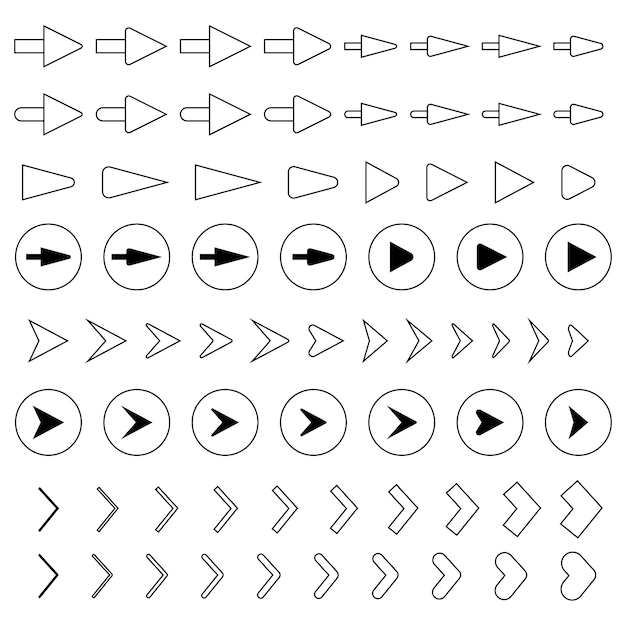 Different types of arrows made with black lines pointing right