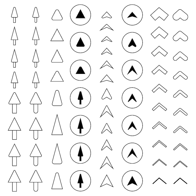 Different types of arrows made with black lines pointing up