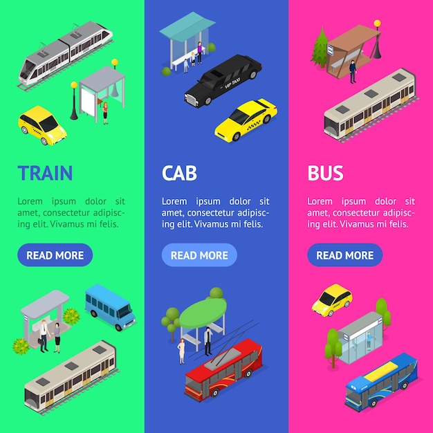 Different Types City Public Transport 3d Banner Vecrtical Set Isometric View Include of Bus Taxi Tram and Trolley Vector illustration