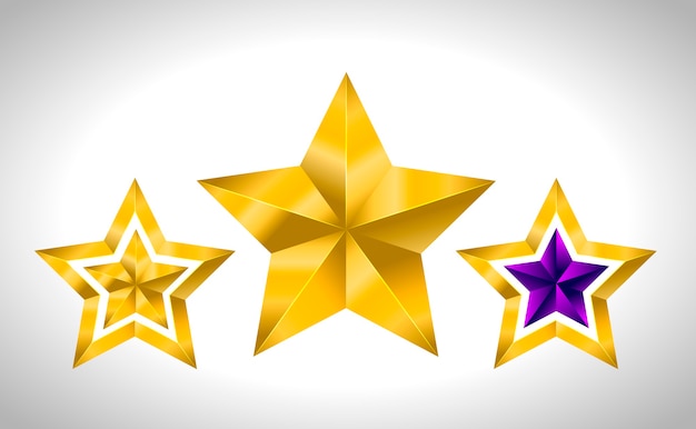 Different types and forms of gold stars. Illustration for  on white background