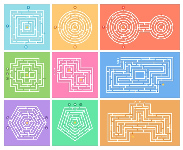 Different types of labyrinths Finding the right path from the starting point to the destination Solving labyrinth riddles