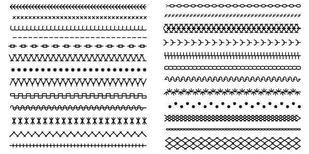 Different types of machine black stitch brush pattern set embroidery cloth edge texture Vector