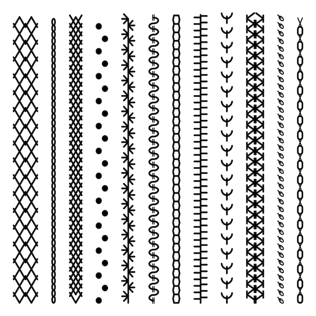 Different types of machine black stitch brush pattern set embroidery cloth edge texture Vector