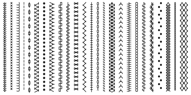 Different types of machine black stitch brush pattern set embroidery cloth edge texture Vector